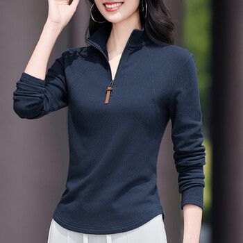Yalu de velvet half turtleneck bottoming shirt for women autumn and winter 2025 new fashion slim fit inner zipper long-sleeved women's top trendy navy s