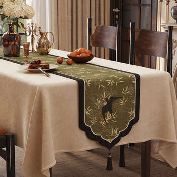 Fantasy table runner, long tablecloth in the middle of the dining table, tv cabinet, sideboard, decorative tablecloth, bunting, bamboo green oriole, ancient lotus shape, c tassel black, chenille velvet, 30x330cm (applicable to tabletop length 260280cm)