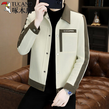 Woodpecker (tucano) jacket men's spring and autumn short spliced lapel jacket men's trendy brand handsome high-end casual men's tops beige l (can be worn about 110~125 pounds)