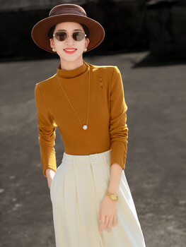 Lancer 2025 new winter style simple semi-turtle collar german velvet long-sleeved inner bottoming shirt t-shirt top for women dark brown yellow m
