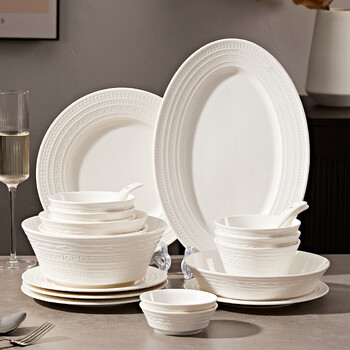 Jingdai high-end dishware set for home use 2026 new high-value tableware simple ceramic bowls and plates embossed housewarming bowls new * prosperous age auspicious 10-person meal 50-piece set