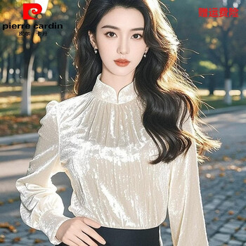 Pierre cardin new chinese style light national style super beautiful gold velvet top women's shirt 2025 new style chic bottoming shirt pearl white top m about 99-110 jin
