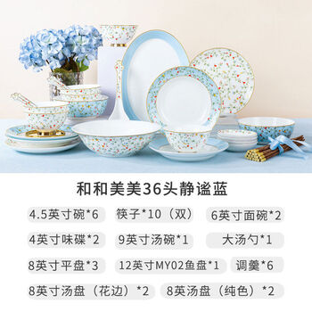 Jiyunmao gaochun ceramics and hemeimei bone china household bowls and plates housewarming wedding bowl gift combination bowls and dishes wedding banquet tableware set hehemeimei 36-head blue gift box 36 pieces