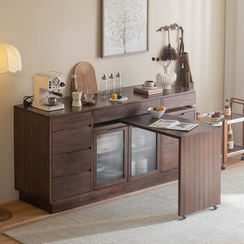 Huili's nordic solid wood sideboard, medieval island table, integrated telescopic rotating dining table combination, tea storage cabinet, bar table, solid wood pine 180*55*85cm, supports customization