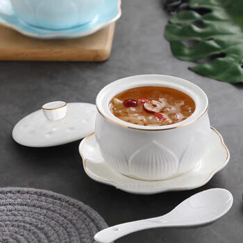 Moiranna ceramic water-proof bird's nest dessert soup pot steamed egg custard bowl dessert sugar water soup cup with lid household buddha jumping over the wall stew cup phnom penh lotus cup + plate + spoon