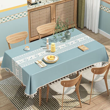 Mufan light luxury and high-end imitation cotton and linen tablecloth, no-wash, oil-proof, waterproof, anti-scalding coffee table cover, rectangular dining table mat, elk light blue 120*160cm