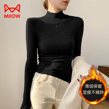 Miiow brushed warm high-elastic modal cotton half turtleneck bottoming shirt for women long-sleeved t-shirt 2025 autumn and winter inner slim fit black (thin velvet) s