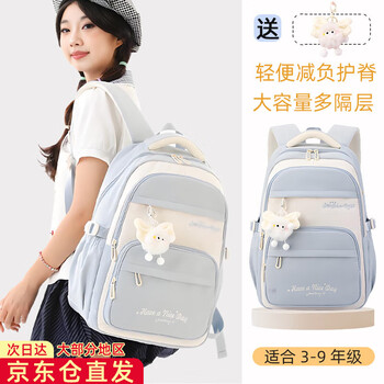 Moonrdeen school bag junior high school student female burden reduction spine protection ultra-light high school student school bag large capacity lightweight primary school student backpack light blue comes with the same bow fur ball hanging ornaments