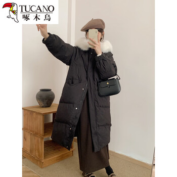 Woodpecker 2025 new korean style loose big leather collar extra long over the knee thickened hooded jacket black s