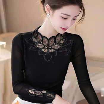 Sudian women's original brand flagship store fashionable and velvet slimming lace splicing bottoming top autumn and winter black m