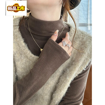 Chujing coffee color half turtleneck bottoming shirt for women, autumn and winter new style plus velvet slim fit mid-collar velvet top, coffee color half turtleneck, upgraded version of protein velvet s (80-90 pounds)