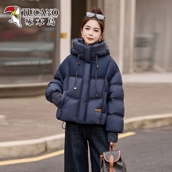 Woodpecker style short down jacket for women 2026 winter new style hooded fashionable slimming thickened warm bread coat navy blue s