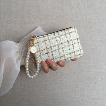 Wallet women's short zippered coin bag small fragrant tweed braided card holder exquisite driver's license key clutch white with pearl chain
