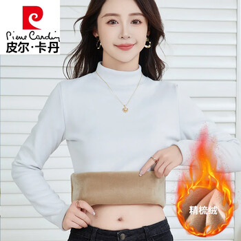Pierre cardin german velvet bottoming shirt plus velvet women's half-high collar thickened winter warm top mid-collar slim fit inner women's t-shirt white plus velvet 3xl 140-160 catties