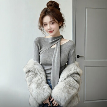 Angel mood gray irregular hollow slim long-sleeved t-shirt that can be worn as an inner layer, 2025 new women's autumn and winter tops, gray 2025 super popular age-reducing tops/designed cool and sexy tops/super good-looking independent xl 125-135 pounds