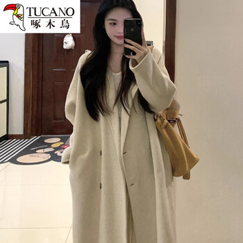 Woodpecker oatmeal color down lining woolen coat for women 2025 new winter style hepburn style mid-length woolen coat oatmeal color quilted version xs