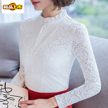 Early-diameter high-neck lace top, large size base layer for women, autumn and winter wear, long-sleeved inner layer, warm base layer, plus velvet and thickened blouse, white----the upper body instantly becomes fashionable, plus velvet s (for 80-90 pounds)