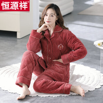 Hengyuanxiang pajamas for women, bright red three-layer thickened quilted warm home clothes, anti-static coral velvet suit that can be worn outside in autumn and winter qr-61037 m (160) (recommended weight 80-100 pounds)