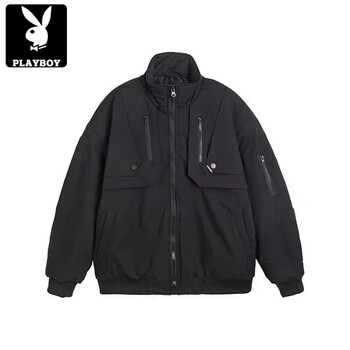 Playboy (playboy) american stand-up collar bomber jacket men's autumn and winter new high street loose casual letter thickened cotton motorcycle jacket black. regular m recommended 100-110 pounds