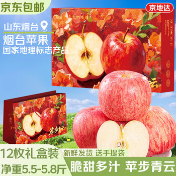 Jingdida yantai red fuji apple gift box 5.5kg, 12 large fruits 80mm+, gift-giving fruit direct from source, free shipping