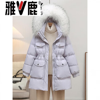 Yalu 2026 winter new true big fur collar down jacket women's mid-length thickened waist fashion western style jacket light light purple_real fur collar_real white down s_90-125 jin