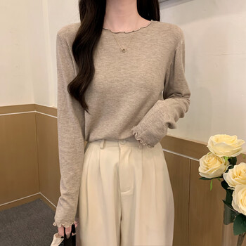Yalu round neck fungus bottoming shirt for women 2025 autumn and winter new style loose slimming knitted top with inner sweater floral camel m