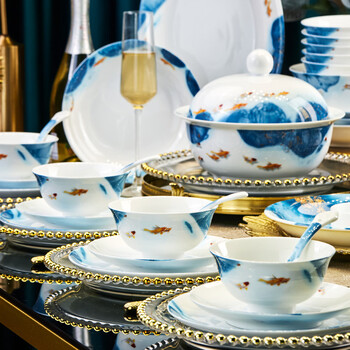 Red peony jingdezhen ceramic tableware household high white clay bowl set high temperature underglaze colored bowls and plates housewarming gift bowls, dishes and chopsticks nine fish pictures 68-piece gift box set