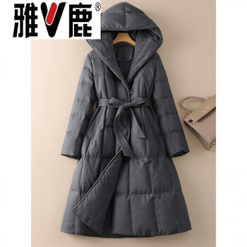 Yalu high-end women's mid-length down jacket 2026 winter style waist slimming wool splicing hooded knee-high warm goose down jacket goose down jacket 95% white goose down women - charcoal gray s _ suitable for 90-105 pounds