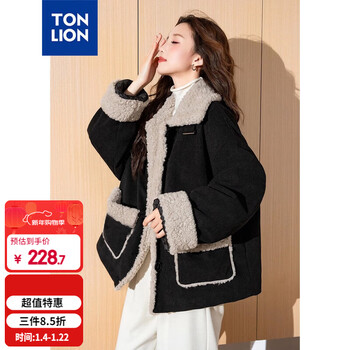 Tonlion 2024 women's corduroy stitched short jacket with turn-up collar black l