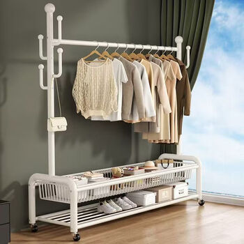 Wing fantasy giant thick 32-tube clothes rack floor-standing bedroom movable bedroom storage rack clothes rack indoor coat rack 60cm premium black double-layer storage net basket hook universal wheel 32 tube extra thick damage guaranteed