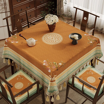 Jun yuexi new chinese square tablecloth zen dining art eight immortals table dustproof tablecloth square table mahjong table cover cloth texture spring breeze silence four sides b tassel rice chenille 140*140cm including tassel size