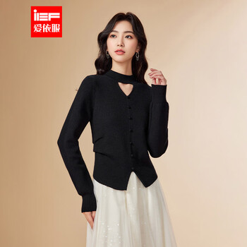 Ief/aiyifu 2025 winter new style french gentle style half-high collar hollow design sweater for women plus velvet black one size