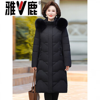 Yalu mama down jacket long over the knees 2026 winter new middle-aged and old women's western style women's jacket black (real black (real fur collar - high quality) 4xl (recommended 138-152 catties)