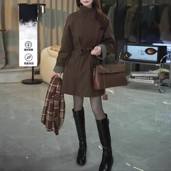 Hengyuanxiang international big brand high-end down jacket winter down coat stand collar tie waist windbreaker women's mid-length loose show brand brown color length starting from 81cm s 80-105 jin