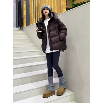 Ducky western style hooded puff turtle back down jacket women 2025 winter new thick white duck down bread jacket brown xl 131-150 jin