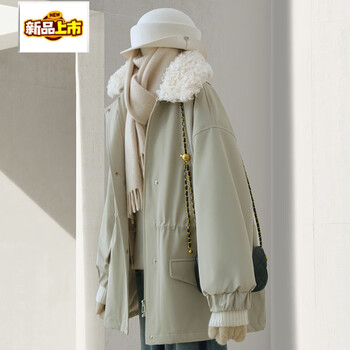 Initial diameter light green thickened fur lining parker cotton jacket for women winter new korean style simple lapel warm jacket light green l within 140 pounds