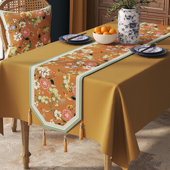 Yusen yi ma feeling tea banquet table in the middle long trapezoidal tea flag cloth high-end sideboard cupboard cover cloth qingjunxin trapezoid rice tassel table flag hemp feeling 35*120cm suitable for tabletop length 70-80cm