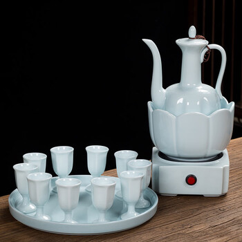 Shi jin wine warmer, scalding wine kettle, electric heating, wine warmer, yellow wine warmer, white wine cup, ceramic wine set, household chinese style, lotus wine set with wine bowl with constant temperature electronic + plate - tianqing