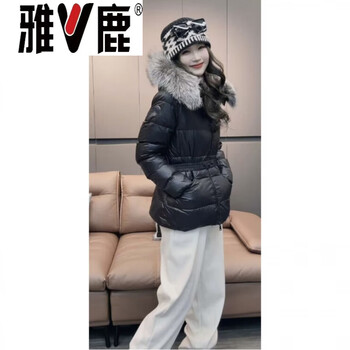 Yalu belt waist oversized fur collar down jacket women's short slim fit mengjia pocket 2026 new winter jacket black 12xl large size 120-140 jin