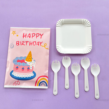 Yusenyi cute paper bag dinner plate knife and fork thickened square plate spoon fork candle cake tableware set white set 10 plates 10 forks 300 sets