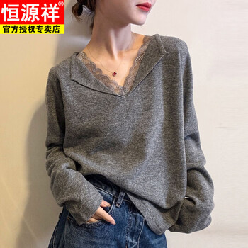 Hengyuan xiangde velvet minimalist style lace v-neck bottoming shirt for women with autumn and winter slightly fat mm large size warm design top gray m recommended 80-100 pounds