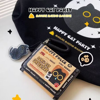Henglan happy leather fbi black cat wallet korean version student meal card campus card bank card driver's license id document anti-fbi small black cat wallet + black cat pendant + black spring rope anti-degaussing upgraded version