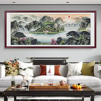 Yu sen yi's cornucopia, the rising sun, living room wall, traditional chinese paintings, calligraphy and paintings, background, hanging paintings, decorative paintings, sofa pictures, backing cornucopia (flowing water style), mahogany color, pure solid wood picture frame-giclee-crystal picture, 200x80cm outer frame size