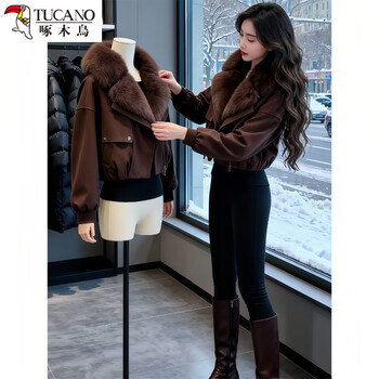 Woodpecker french light luxury large fur collar fur all-in-one cotton coat for women winter new short thickened warm cotton coat and jacket brown jacket m (recommended to be within 1kg)