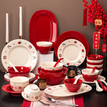 Yunzhihe underglaze color high-temperature bowls and plates set for home use 2025 new high-value bowls and plates tableware new house moving wedding gift pearl panda food for four 24 pieces with soup bowl gift box