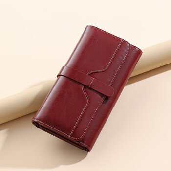 New new c brand authentic women's long wallet coin bag buckle wallet multi-functional youth retro wallet clq6832ar retro oil wax leather red