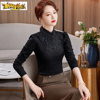 Chu jing autumn and winter thickened velvet bottoming shirt lace warm top for middle-aged mothers large size slim western style shirt versatile black spring and autumn style no velvet s (recommended 85-95 catties)