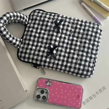 Ye yu one shoulder portable thickened shockproof liner bag versatile plaid love laptop bag 11 inch vertical style black and white checkered