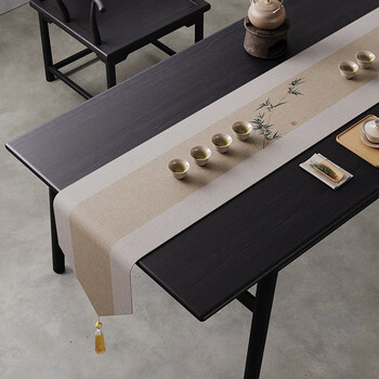 Junyuexi tea table fabric long tea tablecloth new chinese zen table flag waterproof tea mat light luxury high-end tea table cushion tea flag zhuzhiya triangular rice tassel table flag hemp feeling 30*420cm (applicable to tabletop length 360-380cm