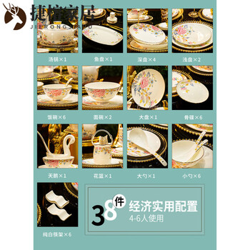 Mppmck imported quality jingdezhen bone china tableware set from japan, household dishes and plates, high-end housewarming gifts, 38-piece set, blooming wealth, high-end bone china, suitcase packaging